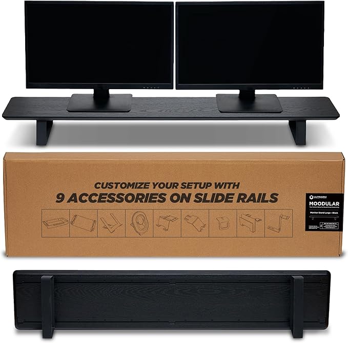Moodular Wooden Monitor Stand 45.6” (116cm) Large Desk Organizer with Metal Slide Rails for Drawer Tray Laptop Tablet Phone &amp Headphones Customizable Riser for Organized Workspace Black