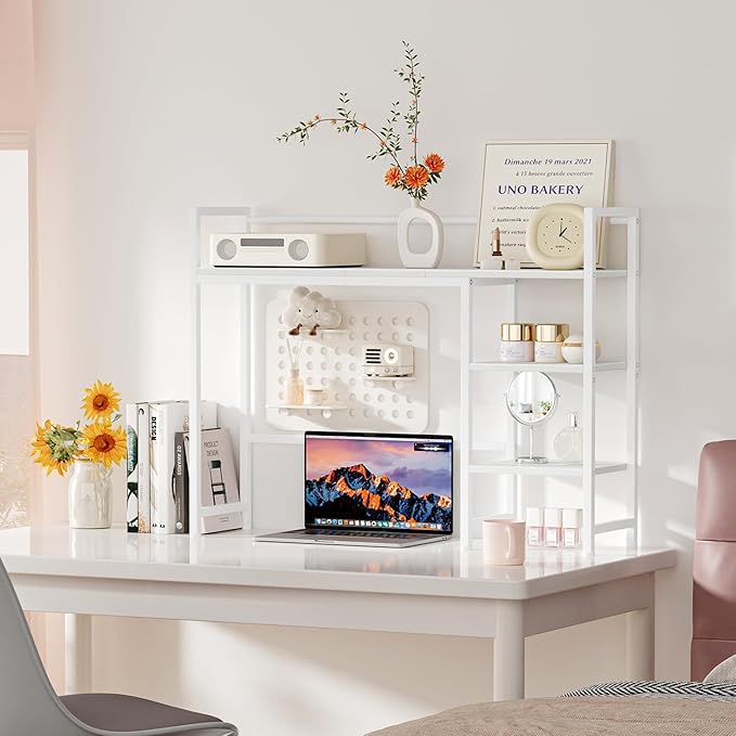 Snughome Desk Shelf 38.6 Desktop Organizer Shelf Desk Hutch for Computer Monitor 4 Tier Desk Display Rack Wood Desktop Bookshelf Storage Rack for Home Office Dorm White