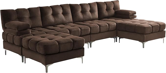 PaPaJet 124 Inch Sectional Sofa 6 Seater Modular Sectional Couch with Metal Legs U Shaped Sofa Couch for Living Room Dark Brown