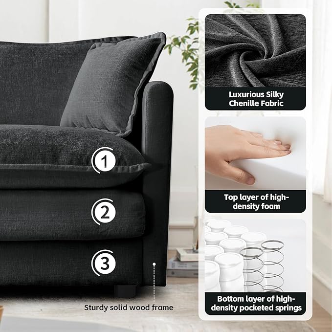 SoarFlash Chenille Sectional Sofa Comfy L Shaped Modular Coush Sofa with Ottoman Modern 3 Seat Couch Deep Seat Sofa Set for Living RoomGrey