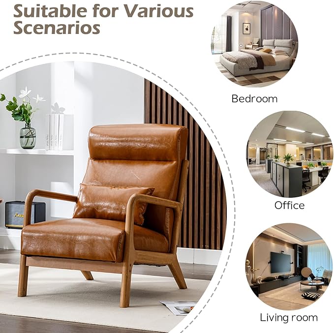 INZOY Mid Century Modern Accent Chair with High Back PU Leather Reading Armchair with Waist Cushion Upholstered Wood Frame Living Room Chairs for Bedroom Sunroom Camel