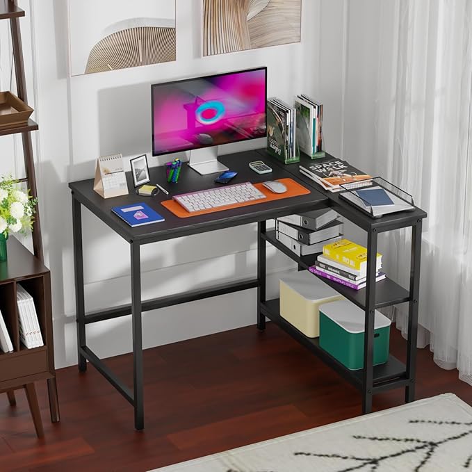 FDW L-Shaped Gaming Desk 39 Inch Computer Desk Corner Desks with Reversible Side Storage Shelves Study Desk Metal Frame PC Work Table for Home Office Dorm Sturdy Writing Workstation Black