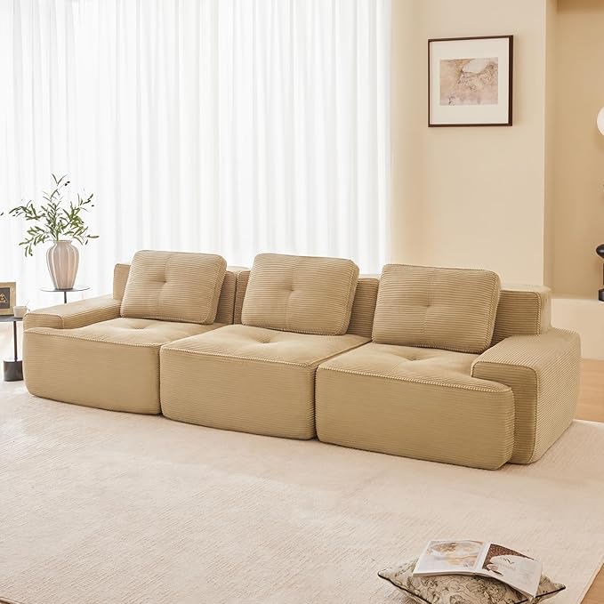 117 Modern Corduroy Cloud Sofa Boneless Modular Large Sectional Couches for Living Room Camel 3 Seater Compressed Memory Foam Couch Extra Deep Seat No Assembly