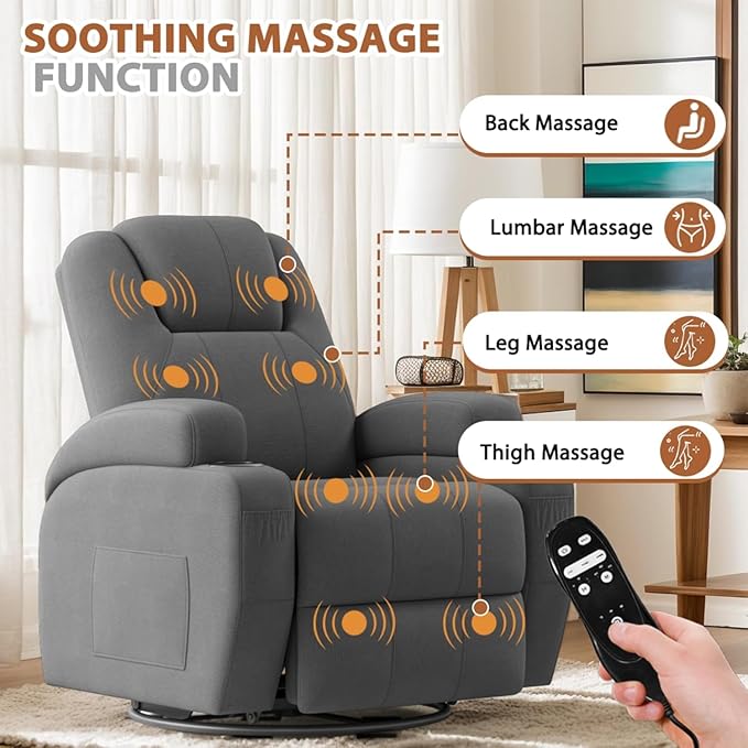 Flamaker Swivel Rocker Recliner Chair with Vibration Massage 360° Swivel Recliner Chairs for Adults Ergonomic Lounge Chair with Cup Holders Lazy Boy Recliner Single Sofa Seat (Fabric Gray)