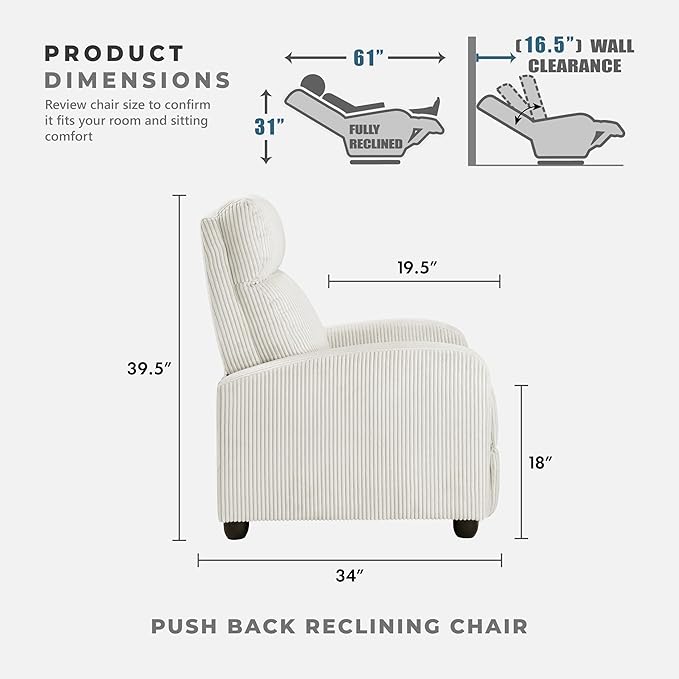 Lexicon Corduroy Pushback Recliner Chair Armchair Push Back Recliner Solid Wood Frame and Metal Base Easy Assembly Small Soft Single Sofa Accent Chair for Living Room/Office/Apartment Beige