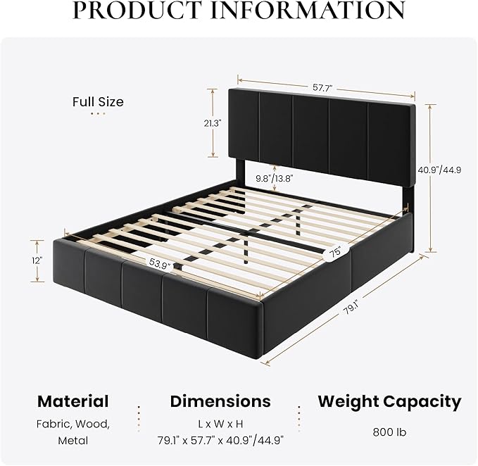 SHA CERLIN Full Size Bed Frame Velvet Upholstered Platform Bed Vertical Channel Tufted Adjustable Headboard Low Profile Bed Frame No Box Spring Needed Easy Assembly Black