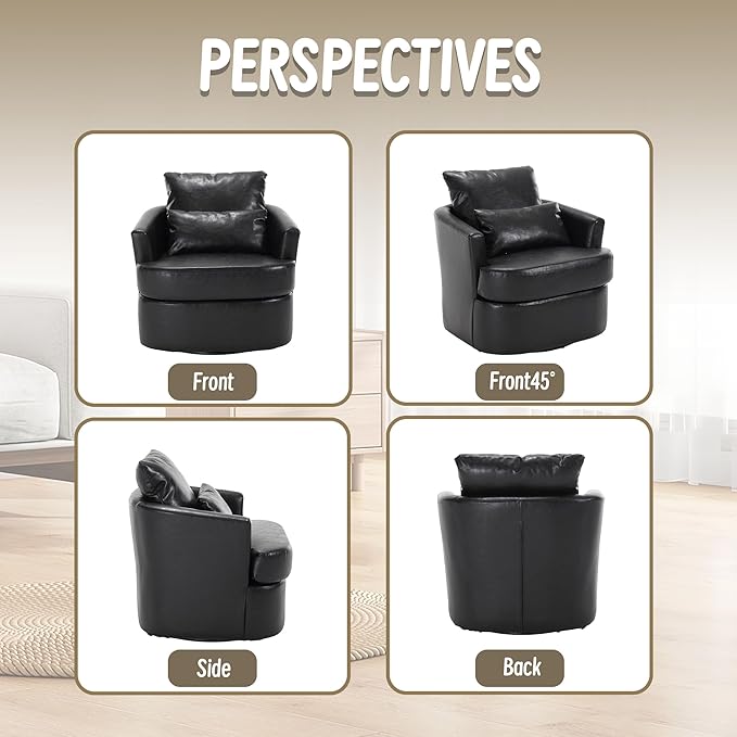 Swivel Barrel Chair Comfy Round Accent Sofa Chair for Living Room 360 Degree Swivel Barrel Club Chair Leisure Arm Chair for Nursery Hotel Bedroom Office Lounge (Black PU)