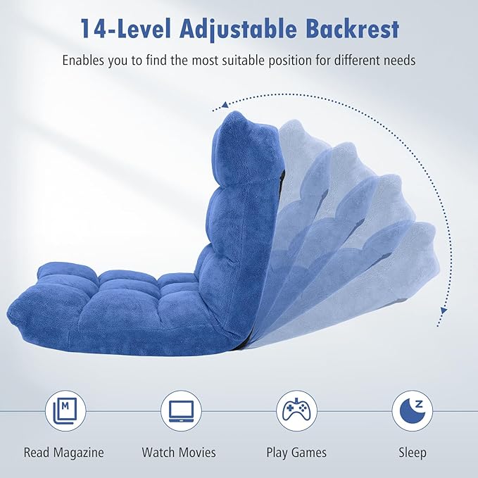 Moccha 14-Position Floor Sofa Folding Sofa Chair with Back Support Memory Foam Floor Gaming Chairs for Adults Adjustable Padded Couch Recliner Chaise Lounge for Reading Meditating (Blue)