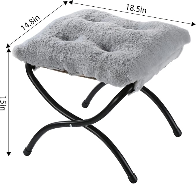 15 Foldable Foot Stool Ottoman with Metal Frame - Washable Faux Fur Grey Upholstered Indoor/Outdoor Footrest for Living Room Bedroom Patio - Space-Saving Compact Design