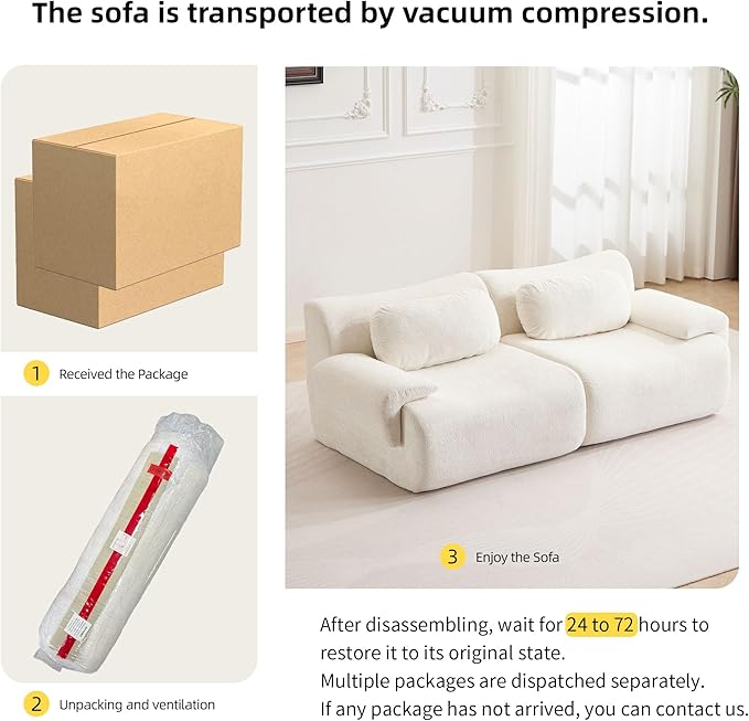 79.6 Boneless Couches for Living Room Set Cloud Modular Sectional Sofa in a Box Memory Foam Modern Couch Big Comfy Compressed Sofas Loveseat for Small Spaces Bedroom Apartment White