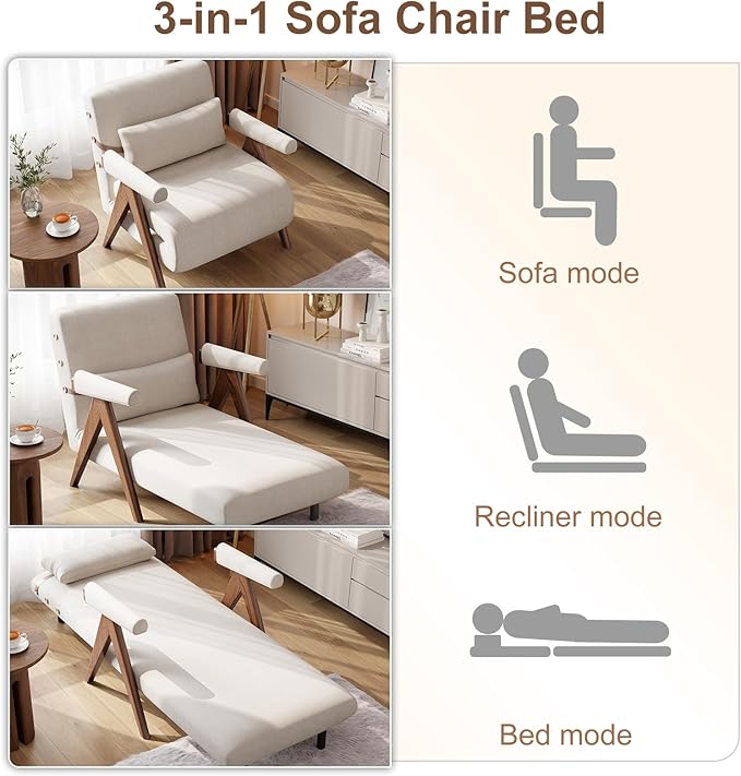 KungFuWood 32 W Convertible Chair Bed - 3 in 1 Sleeper Adjustable Backrest Futon Small Space Sofa for Living Room Bedroom Home Office Beige White