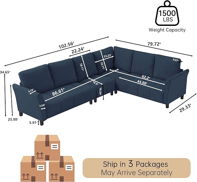 102''Convertible Sectional Sofa Modern L Shaped Couch with Back Cushions Sectional Corner Sofa6 Seater Couch or Living Room Apartment Office Blue