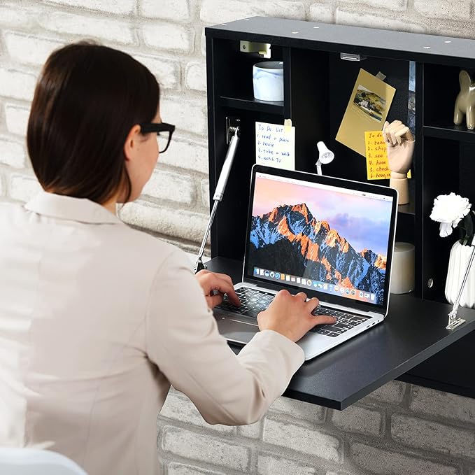 COSTWAY Wall-Mounted Computer Desk Floating Desk with Storage Drawer &amp Shelves Fold-up Desktop &amp Pneumatic Springs Ideal for Home Office Dormitory Small Spaces (Black)