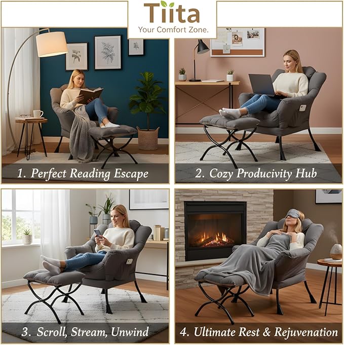 Tiita Lazy Chair with Ottoman Gray Modern Large Accent Chair Comfy Leisure Sofa Armchair with Ottoman Reading Chair with Footrest for Bedroom Living Room Dorm Rooms Garden Dark Grey