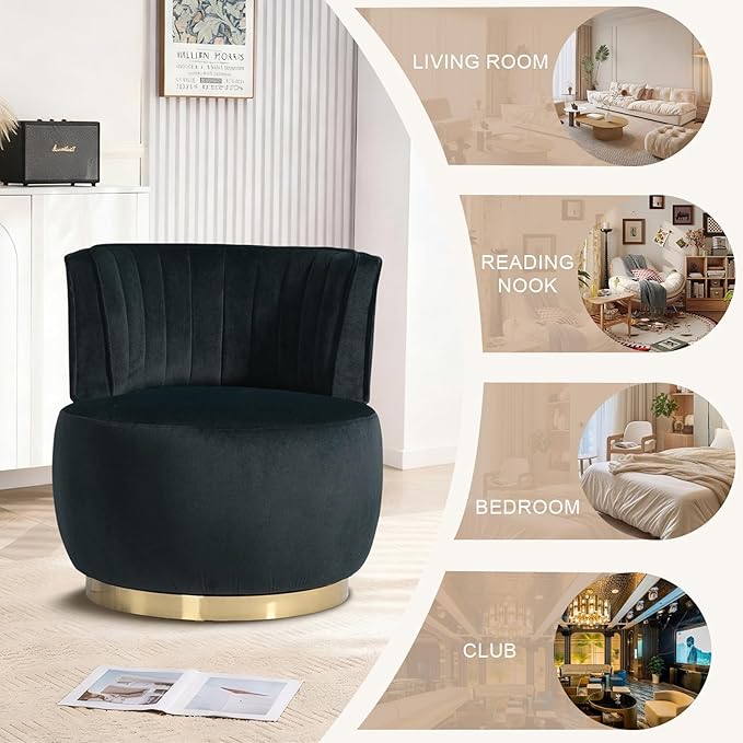 360 Degree Swivel Accent Chair Comfy Round Swivel Barrel Chair with Mental Base Upholstered Cozy Reading Armchairs Modern Lounge Sofa Chairs for Living Room Bedroom Club Office(Velvet Black)