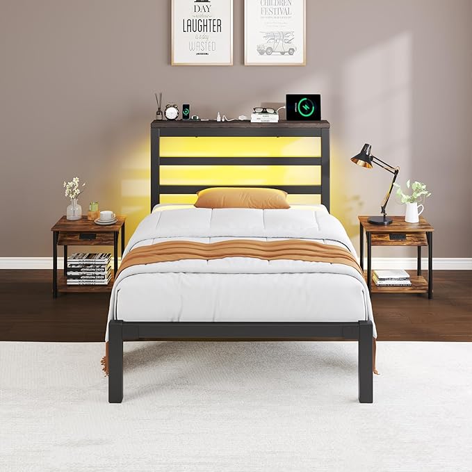Twin Size Bed Frame with Storage Headboard Industrial Platform Bed with Charging Station and LED LightsUnderbed Storage Space No Box Spring Needed Easy Assembly Modern Black