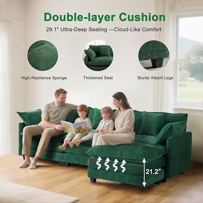 111.4 Modular Sectional Sofa｜Comfy Cloud Couch with Movable Ottoman Deep Seat｜Chenille L Shaped Modular Sofa Sectional Couches for Living Room Bedroom and Apartment｜Green