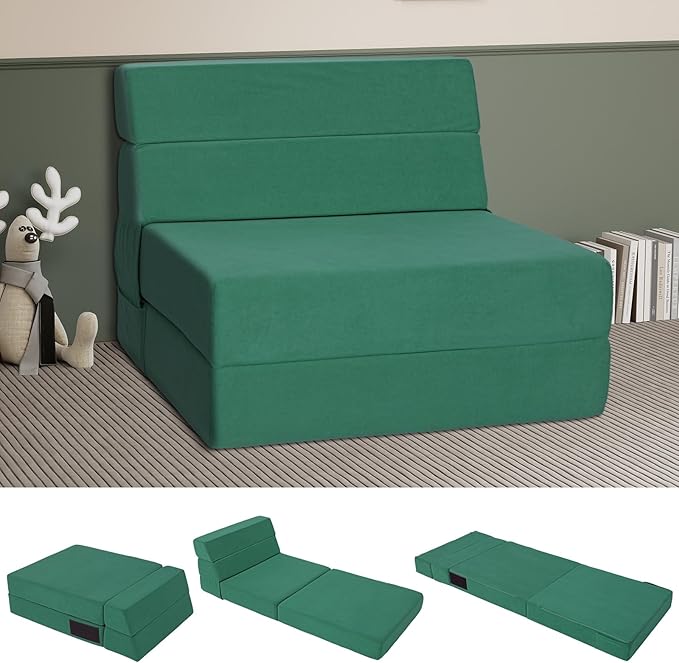 Folding Sofa Bed 4 in 1 Convertible Sleeper Chair with Washable Cover Memory Foam Fold Out Chair Bed Foldable Mattress with Back Support for Living Room Dorm Guest Room Home Office Green | Fold