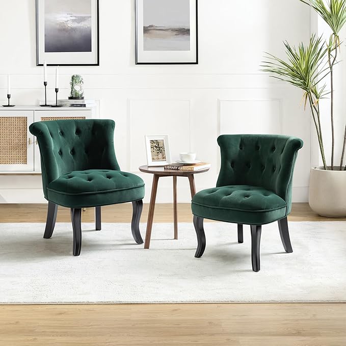 HULALA Home Velvet Accent Chair Modern Upholstered Fabric Armless Wingback Chair with Solid Wood Legs Comfy Tufted Vanity Club Chair for Reading Living Room Bedroom Guest Room Pine Green
