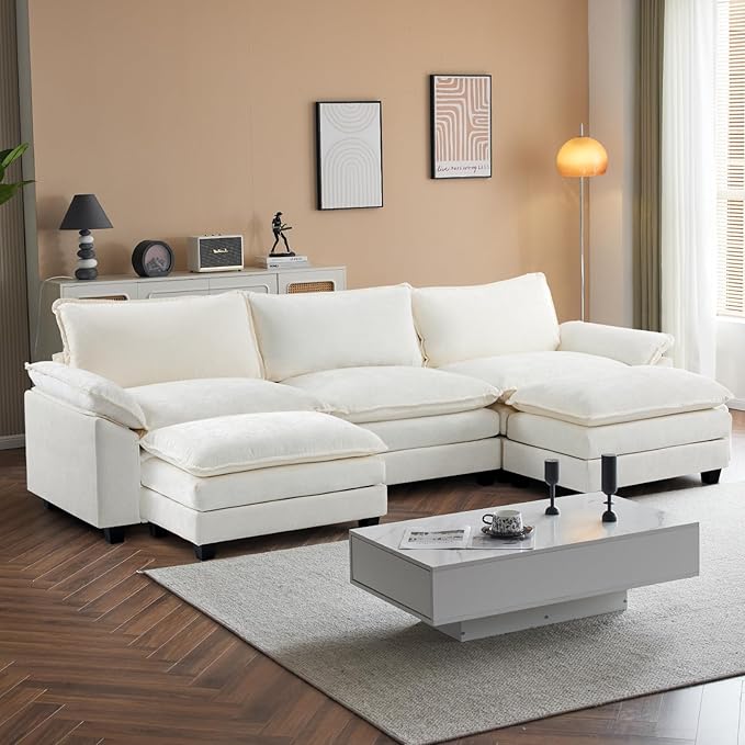 VINGLI Convertible U-Shaped Sectional Modular Couch with 2 Movable 2-Layer Ottomans Oversized Comfy Cloud Sofa with Deep Seat &amp Chaise 3 Seater Cozy Couch for Small Spaces Chenille White-Cream