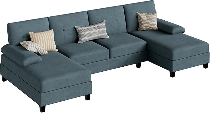 JY QAQA Sectional Couche with Soft Cushion U-Shaped Sofa with Double Chaise 4-Seat Linen Fabric Sofa Sets for Living Room Apartment Grey