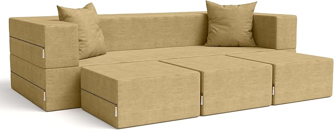 Jaxx Zipline Convertible Sleeper Sofa &amp Three Ottomans/California King-Size Bed Textured Microvelvet - Camel