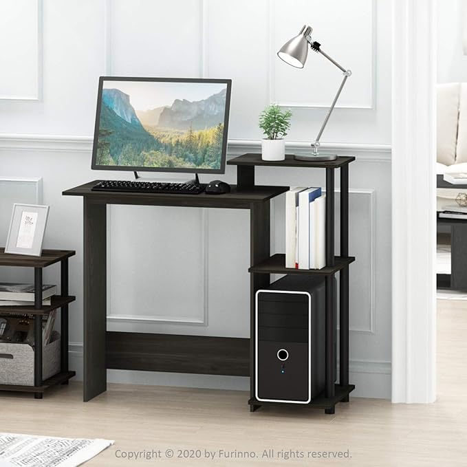 Furinno EFFICIENT Desk 28.6 Wide Gaming Desk with 3 Open Side Shelves Laptop Notebook Computer Desk Office Desk for Home Office Study Room Dorm Bedroom Dark Espresso