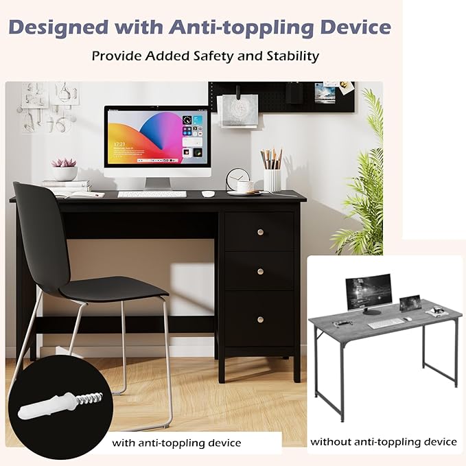 POWERSTONE Computer Desk with 3 Drawers 48x20 Storage Office Desk for Home Office Bedroom Large Study Writing Desk Workstation (Black)