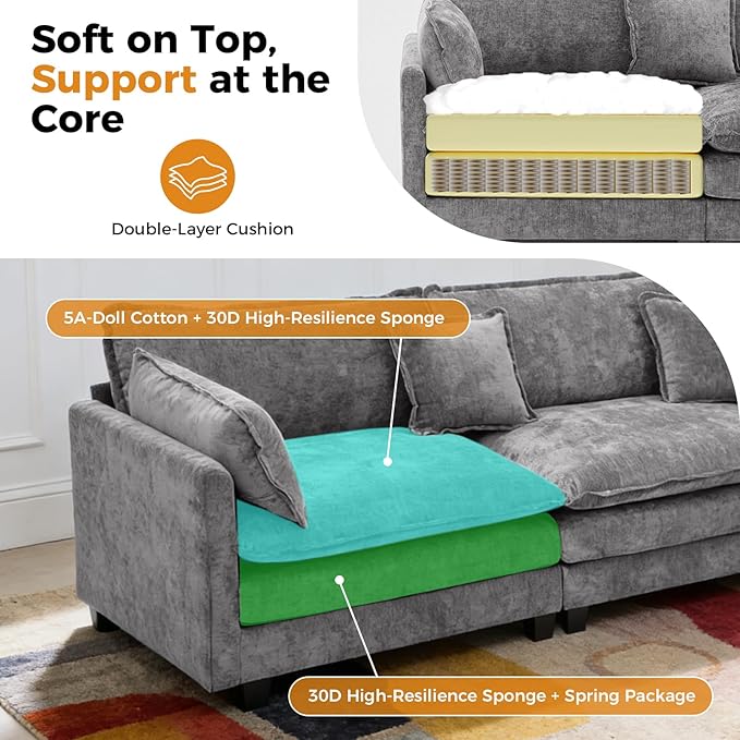 Redlife 133 Modular Sectional 3-Seater Sofa with 2 Ottomans Chenille Sectional Couch Set with Spring &amp Double Foam Cushion System Removable Covers Easy to Assembly Gray