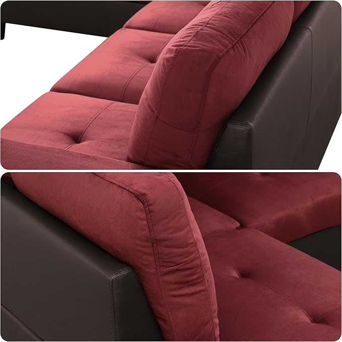 103.5 Inch Modern L-Shaped Couch Flannel Sectional Sofa with Chaise Lounge 4-Seater Couch with Accent Pillows for Living Room Apartment Red