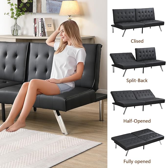 Modern Convertible Futon Sofa Bed Adjustable Loveseat Futon Couch with Metal Legs Upholstered Sofa Bed with Wood Frame Sleeper Couches for Small Compact RV Living RoomOffice (Black-Leather)
