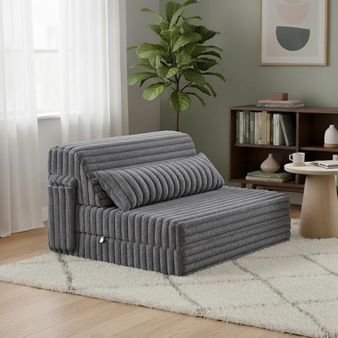 Tiita Folding Sofa Bed Twin Size Convertible Sleeper Chair Mattress with Pillow Thick Corduroy Floor Mattress Couch Bed with Side Pocket Guest Room Dorm Apartment Grey