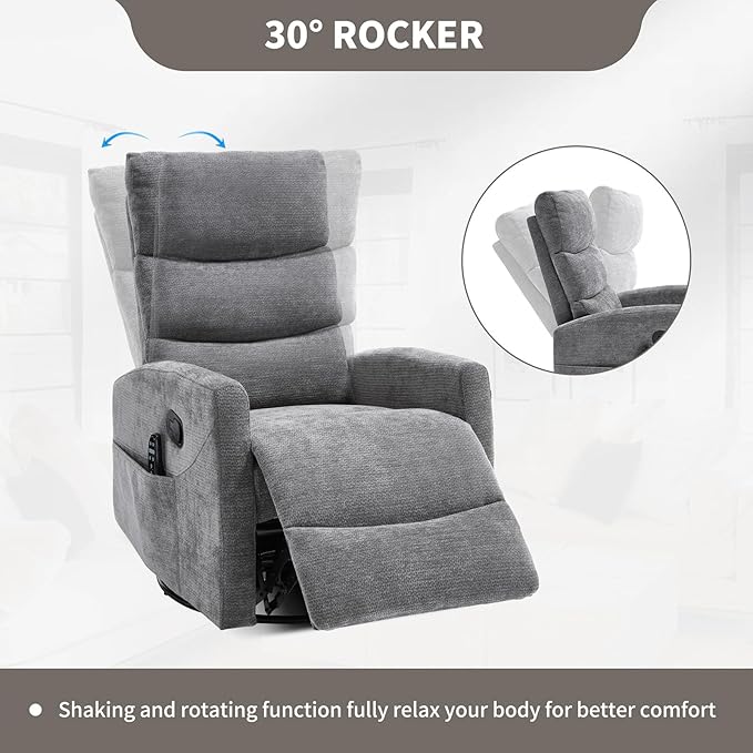 Swivel Recliner with Heat and Massage Rocker Recliner Chair for Living RoomGlider Recliner Nursery Chair with Black Metal Base/Adjustable Backrest and Footrest (Fabric Grey2)