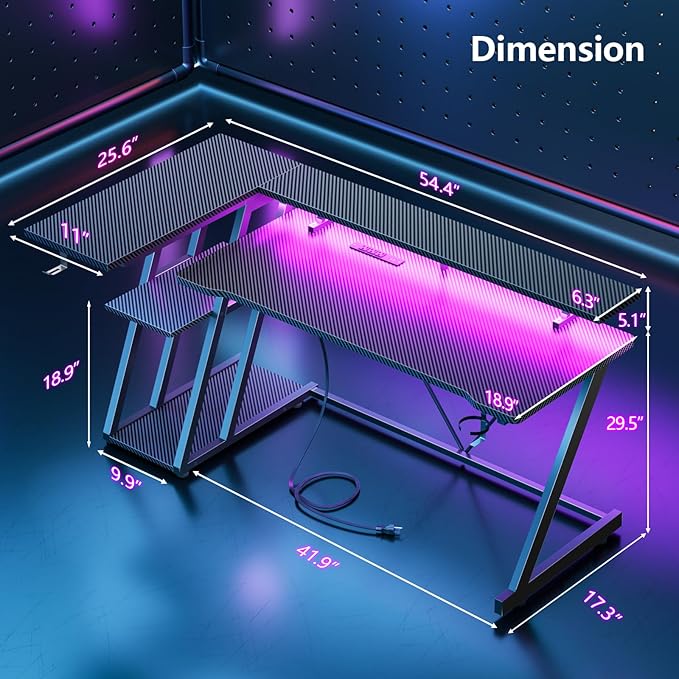 55 Inch Gaming Desk with Power Outlet &amp LED Lights L Shaped Gamer Computer Table with Storage Shelves for Bedroom Corner Home Office Desk Carbon Fiber Black