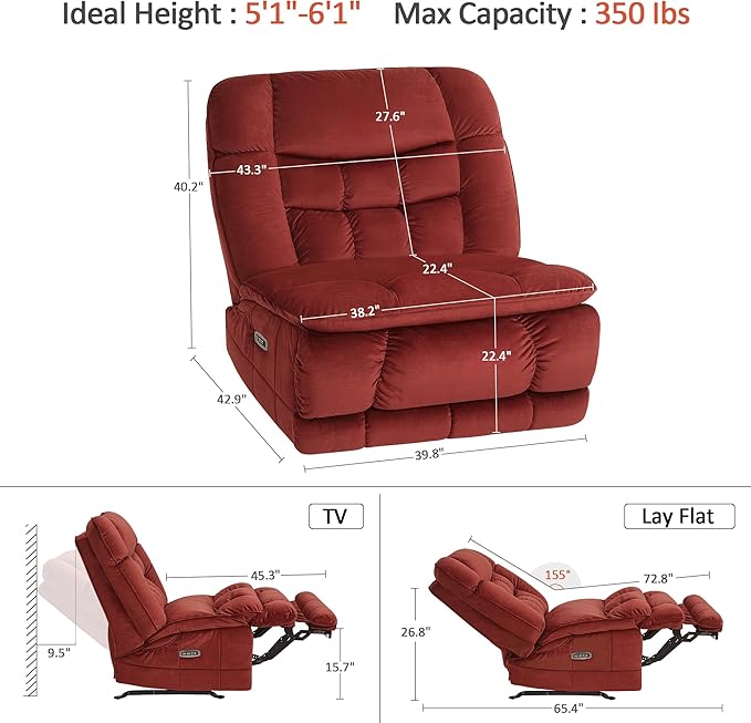 MCombo Dual Motor Oversized Power Recliner Chair 38.2'' Large Wide Seat Rocker Recliner with LED Lighting USB Ports Perfect for Living Room Office and Home Theater Fabric PR607 (Burgundy)