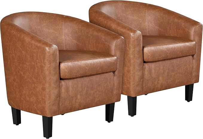 Yaheetech Brown Accent Chairs Set of 2 Faux Leather Barrel Chairs Comfy Modern Leather Club Armchairs with Soft Seat for Living Room Bedroom Reading Waiting Room Brown