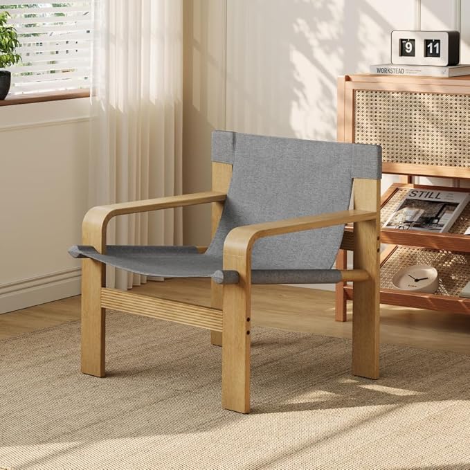 Detachable and Washable Oak Accent Chair Wide Armrest Mid-Century Lounge Chair Linen Fabric Armchair &amp Solid Wood Frame for Living Room Bedroom Balcony (White) (Dark Grey + Wood+Fabric + Oak)
