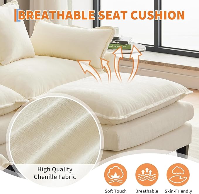 112 Modular Sectional Sofa U-Shape Cloud Couch/Deep Seat/Armrest/Plush Corduroy Fabric No Assembly Required Space-Saving 200 Pounds Chenille Combo Set with 2 Footstool for Living Room