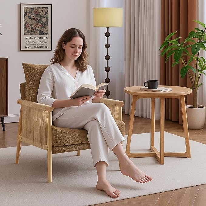 Karl home Cozy Chenille Accent Chair with Lumbar Pillow &amp Rattan Arms Modern Lounge Chair for Living Room Bedroom Reading Nook Khaki