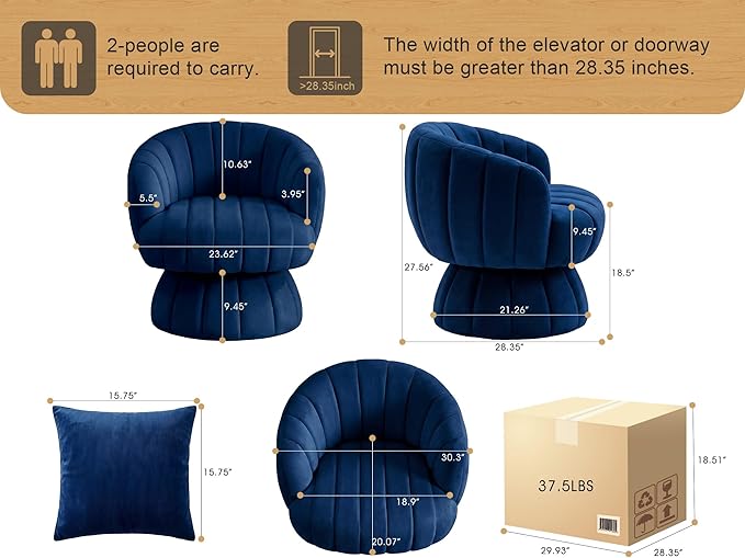Mid Century Modern 360 Degree Barrel Swivel Accent Sofa ChairFluffy Velvet Fabric Lounge Wide Upholstered Pumpkin Reading Chair Round Cloud Armchair for Living RoomBedroomVanity(Navy Blue)