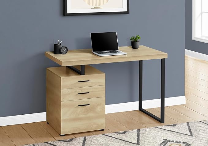 Computer Desk Home Office Laptop Left Right Set up Storage Drawers 48 l Work Natural Laminate Black Metal Contemporary Modern