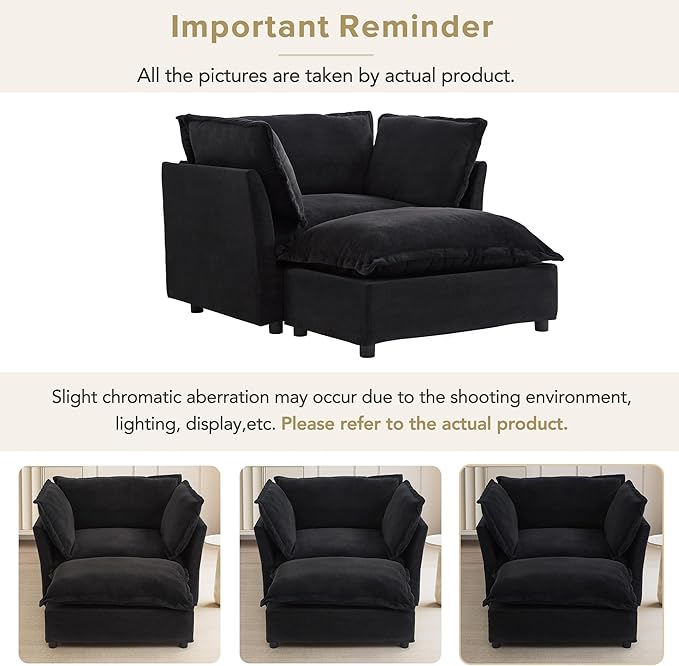 47 Cozy Upholstered Sofa Chair with Movable Ottoman Wide Seat Curved Armrests and Soft Pillows Modern Armchair Sofa for Living Room Bedroom Black
