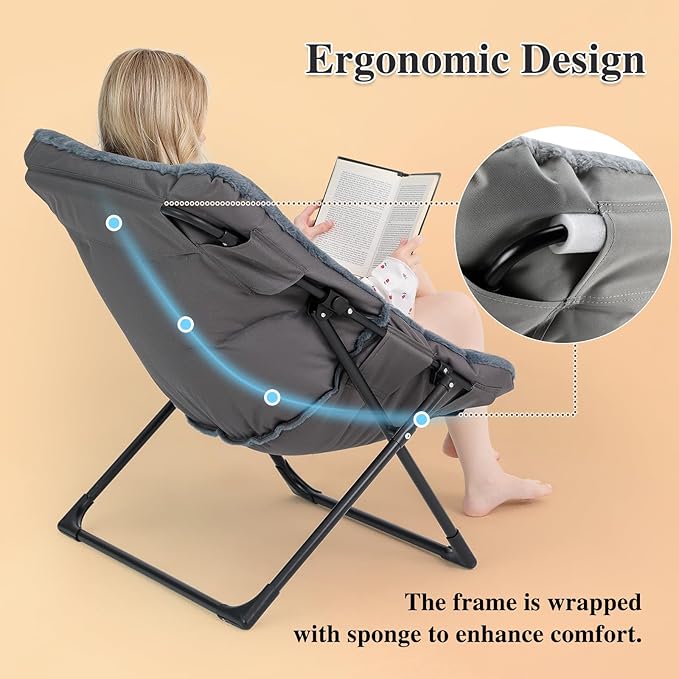 Comfy Saucer Chair for Adults Soft Faux Fur Bedroom Chair Accent Dorm Chairs Flexible Living Room Reading Chairs Oversized Folding Seat for Teens X-Large Navy Blue