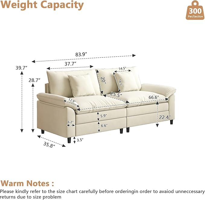 Aoowow Modular Sectional Sofa Modern Convertible Loveseat Couch85 Inch Deep 2-Seater Sofas Comfy Chenille Cloud Sofas and Couches for Living Room Apartment(Beige)