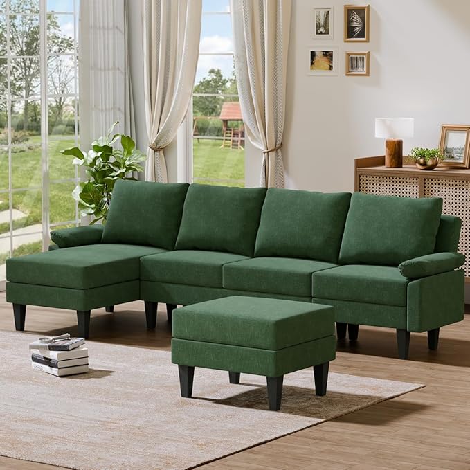 115 Inch Modular Sectional Sofa with Storage Ottoman Modern L-Shaped Sectional Couch with Chaise Chenille Couch for Living Room Apartment or Small Spaces Green