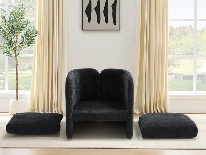 Modern Barrel Accent Chair Mid-Century Beige Chenille Fabric Armchair for Living Room Comfy Upholstered Reading Accent Chairs Single Sofa Chair for Bedroom Waiting Room Office1 PCS Black