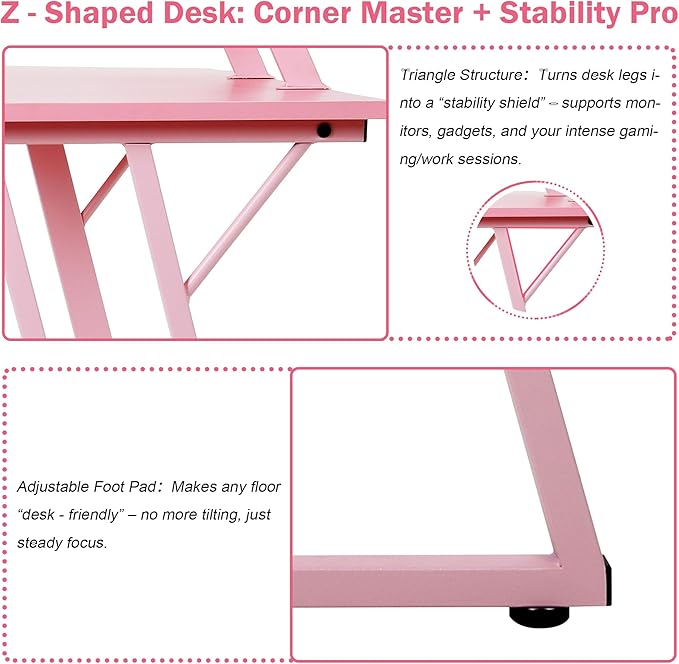 Bigacc L Shaped Gaming Desk 50 Corner Desk Spacious Dual Tops P2 Particleboard Metal Z-Legs Adjustable Non-Slip Pads Scratch/Waterproof Multi-Use Home Office/Game Room/Dorm