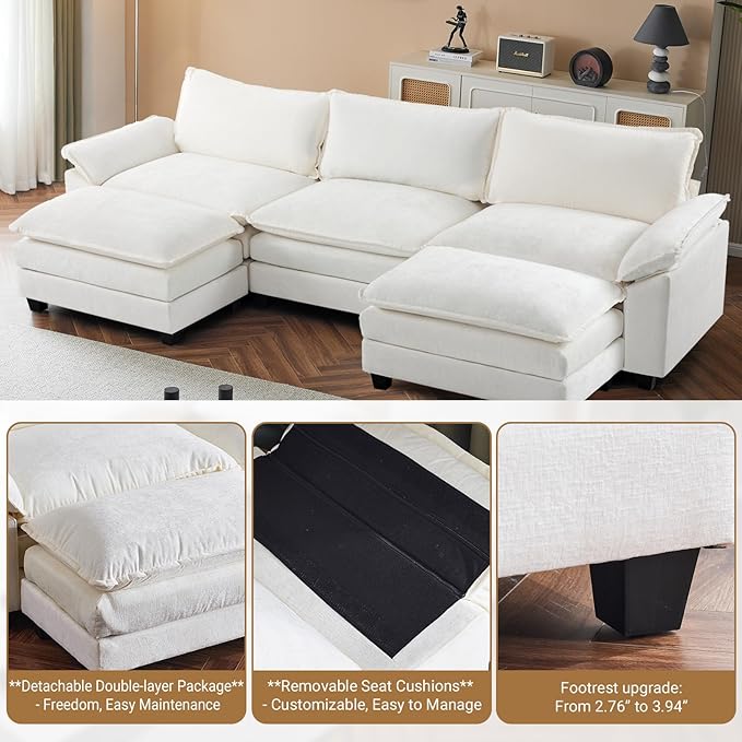 VINGLI Convertible U-Shaped Sectional Modular Couch with 2 Movable 2-Layer Ottomans Oversized Comfy Cloud Sofa with Deep Seat &amp Chaise 3 Seater Cozy Couch for Small Spaces Chenille White-Cream