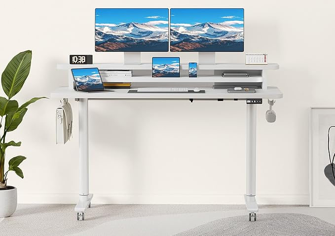 Flycity Electric Standing Desk with Dual Monitor Stand Height Adjustable Desk Sit Stand Desk with Memory Controller Casters &amp 2 Hooks Low Noise Home Office Desk (White 55 x 24)