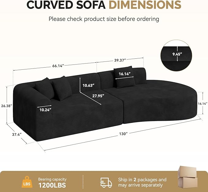 128 Oversized Modern Curved SofaBoneless Cloud Sectional Couch with Deep SeatNo Assembly Required Corduroy Couches for Living RoomBlack1 PCS